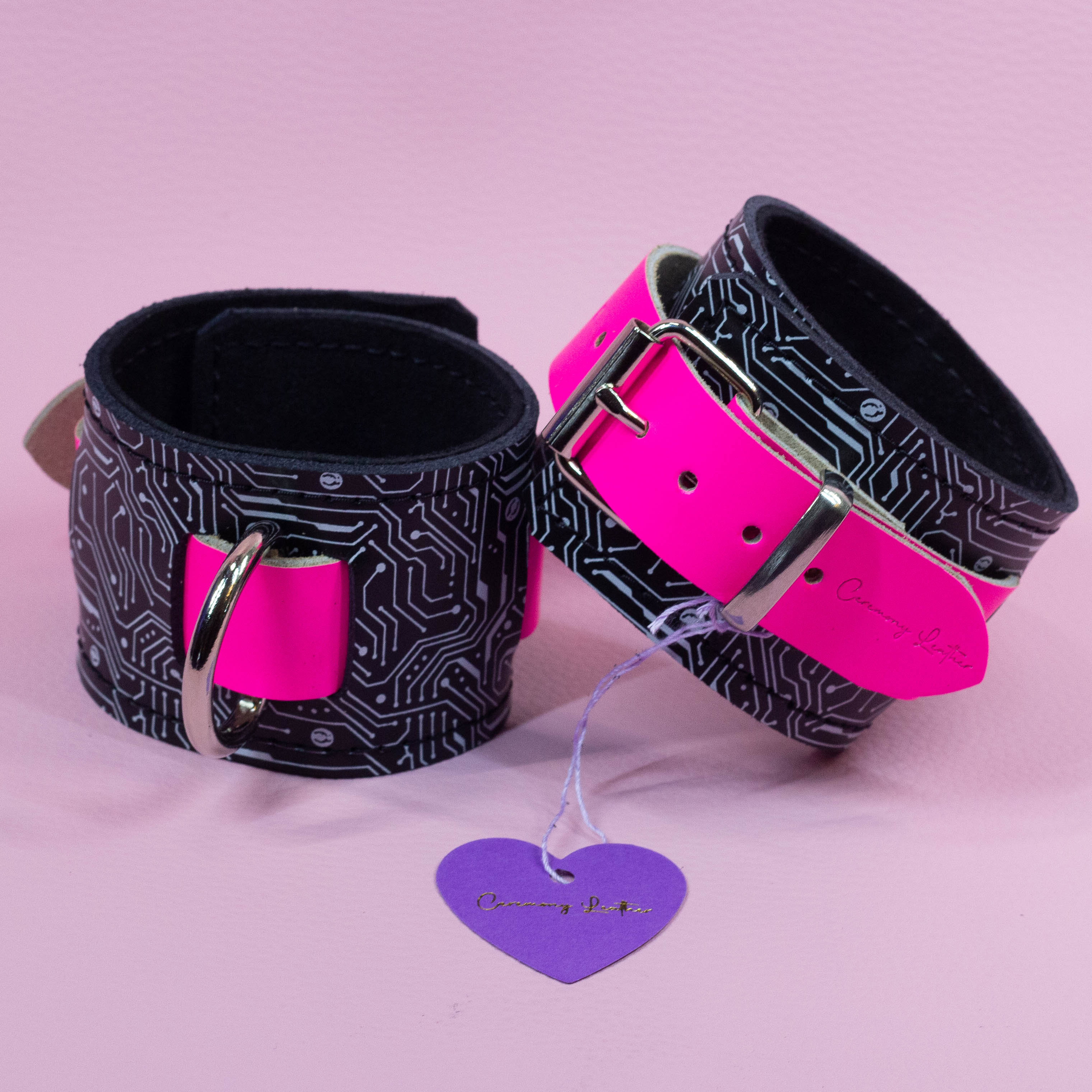 Neon Pink and Black Cyber wrist Cuffs